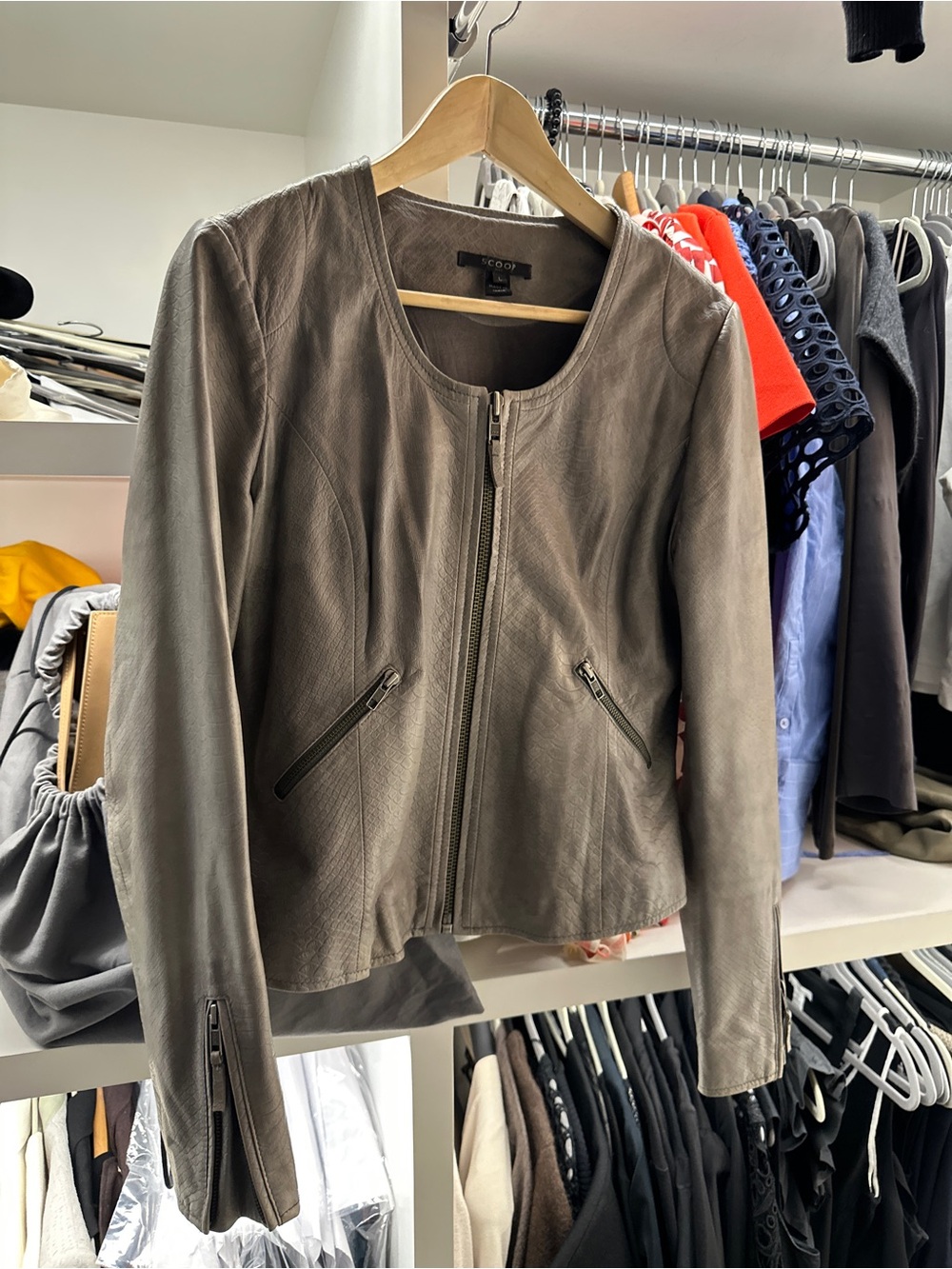 Scoop Grey Leather Zip-Front Women's Jacket